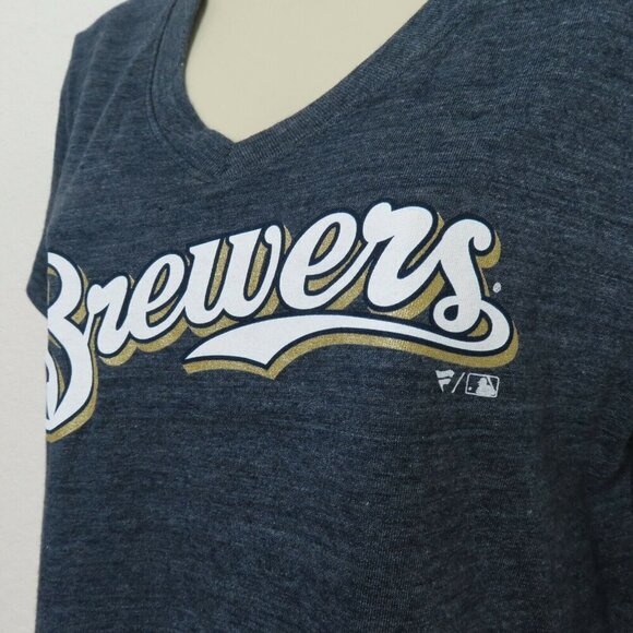 Fanatics Women Large Milwaukee Brewers Baseball V Neck Heathered Blue Shirt NEW - Picture 3 of 7